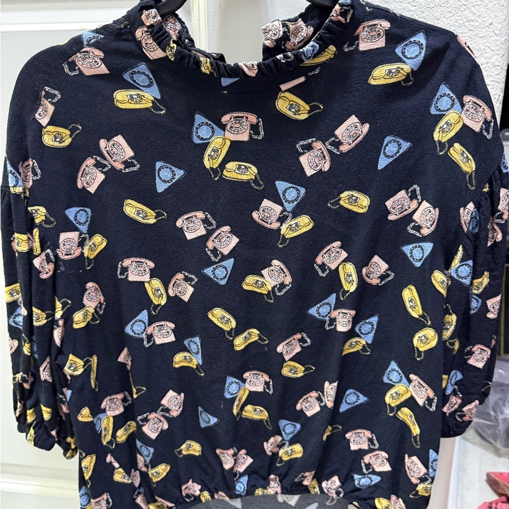 Zara Woman Navy Blouse with Pastel Phone Print
